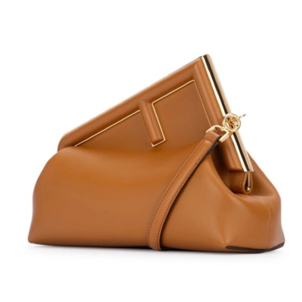 FENDI First Midi Nappa Leather Clutch Brown Camel Gold Hardware